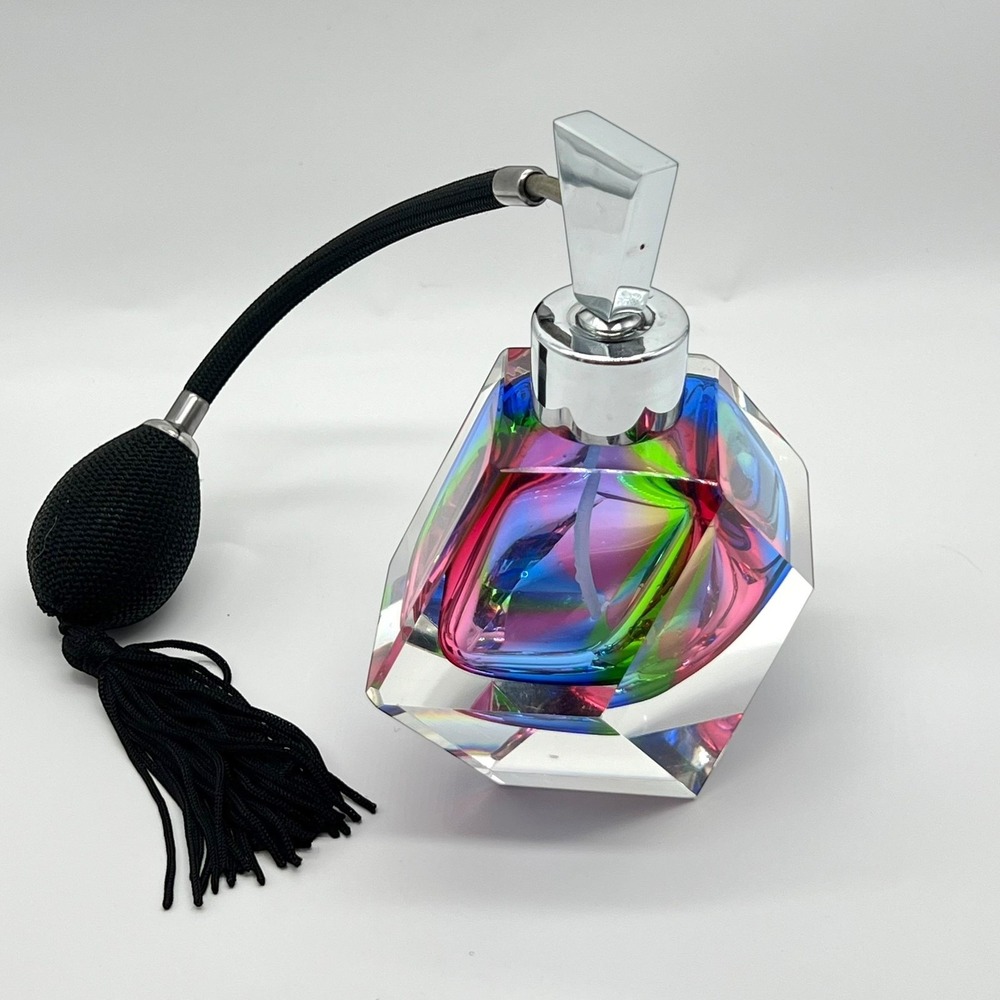 Vintage Perfume Bottle Spray Atomizer Art Glass Style Multicolored Faceted Works